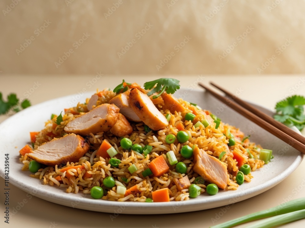 Spicy Fried Rice with Roasted Chicken in Cozy Setting. Spicy Fried Rice with Roasted Chicken in Cozy Setting.