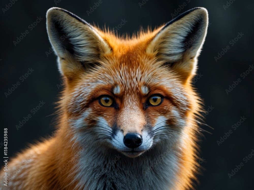 Fototapeta premium Dramatic close up shot of an orange fox with intense dark background lighting