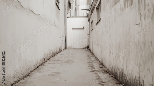 Narrow alleyway between aged buildings, showing weathered walls and a closed door at the end. photo