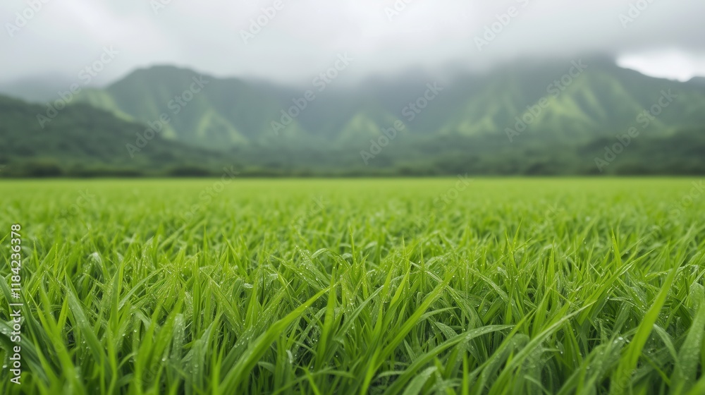 Close Up of Lush Green Grass with Morning Dew and Misty Mountains in Background, Nature Beauty in Fresh Landscape Setting with Vibrant Colors Highlighting a Serene and Peaceful Outdoor Scene Close Up of Lush Green Grass with Morning Dew and Misty Mountains in Background, Nature Beauty in Fresh Landscape Setting with Vibrant Colors Highlighting a Serene and Peaceful Outdoor Scene