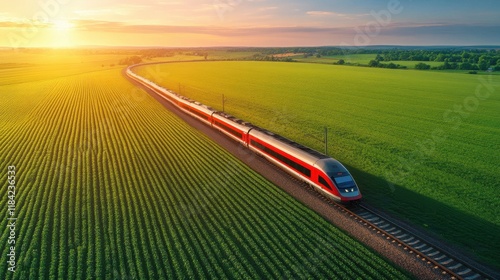 Vibrant Sunset Train Winding Through Green Fields