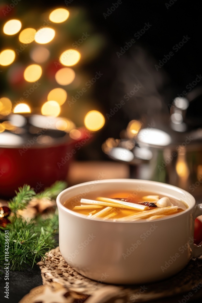 Obraz premium A Warm Bowl of Kaeng Nor Mai Soup featuring Bamboo Shoots and Fresh Herbs, Perfectly Captured in a Cozy Setting with Bokeh Lights