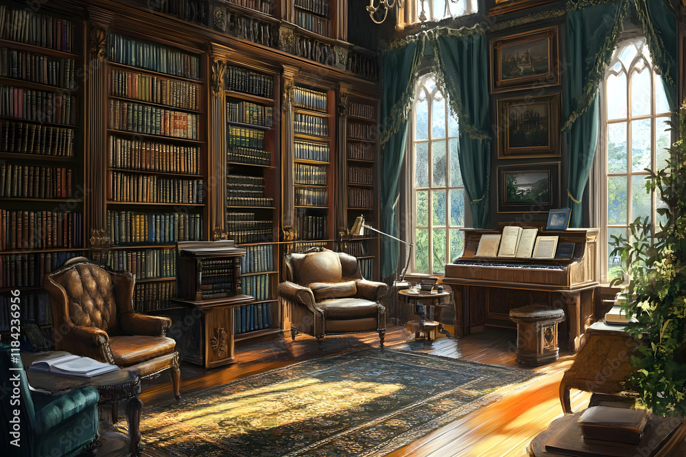 A cozy library with bookshelves, comfortable seating, and a grand piano, inviting relaxation. A cozy library with bookshelves, comfortable seating, and a grand piano, inviting relaxation.