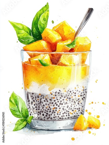 Delicious Mango Chia Seed Pudding Dessert with Basil Garnish Watercolor Painting
