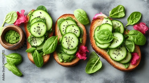 Three Avocado Cucumber Toasts With Spinach Garnish