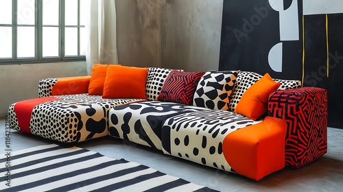 Amusing sofa with a playful design, featuring oversized cushions and bold patterns 