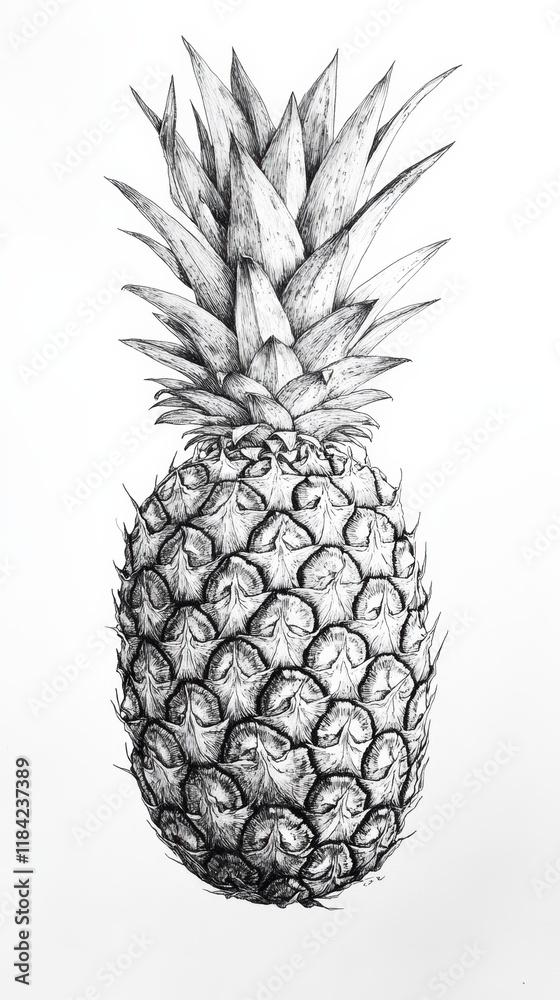 Obraz premium Ink drawing of a pineapple with detailed linework and texture