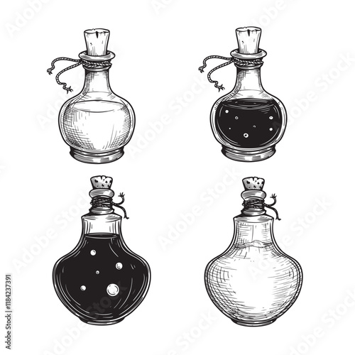Witch potion sketch set. Poison, drug, decoction in hand drawn style. Magic bottled drinks. Vector illustrations collection.
