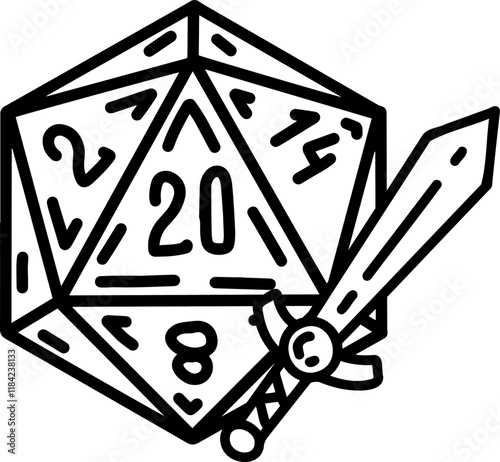 DND Dice with sword and shield. Rpg board game character. Fantasy icosahedron wargame. 20-sided tabletop icon, cartoon style on white background