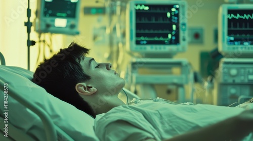 Young Patient Resting in Hospital Bed with Monitors