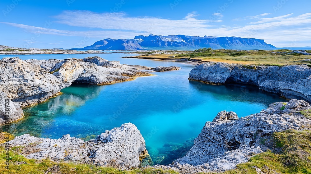 Stunning Coastal Lagoon  Turquoise Water  Rocky Cliffs  Mountain View