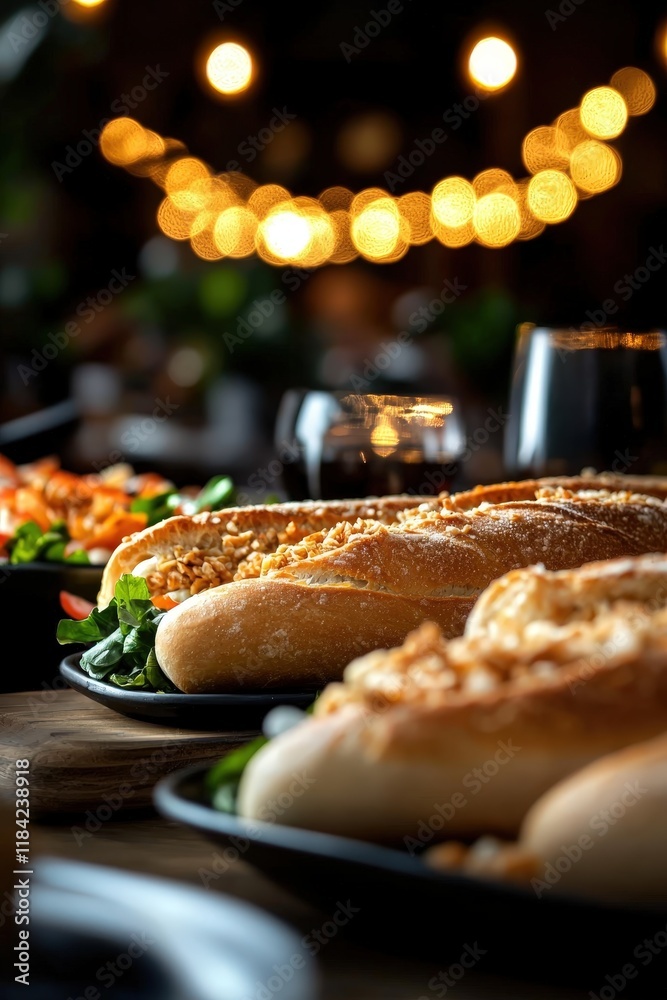 Fototapeta premium Savory Laotian Style Baguettes Served with Fresh Ingredients and Wine in a Cozy Dining Setting with Warm Ambiance
