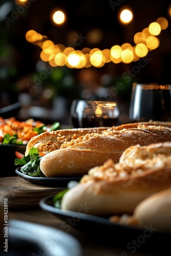 Savory Laotian Style Baguettes Served with Fresh Ingredients and Wine in a Cozy Dining Setting with Warm Ambiance