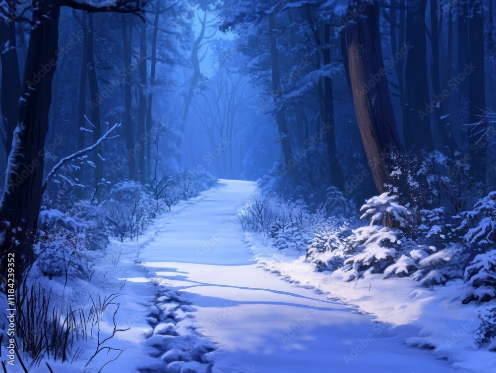 Naklejka premium Serene Winter Path Through a Snow Covered Forest