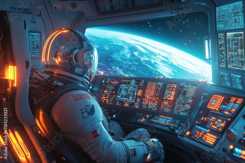 Astronaut seated in spaceship cabin with Earth visible through window