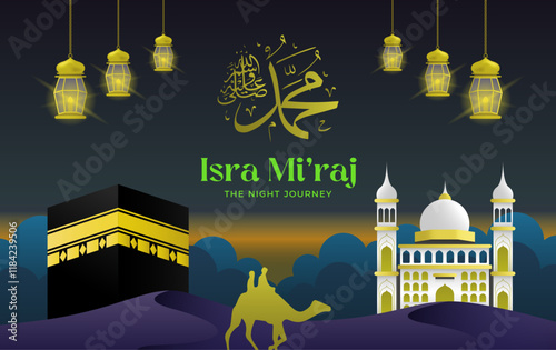 Isra Miraj, Nabi muhammad saw, the night journey arabic latern pattern design for greeting card, cover, poster, flyer, banner, social media, pattern, and feed vector illustration background