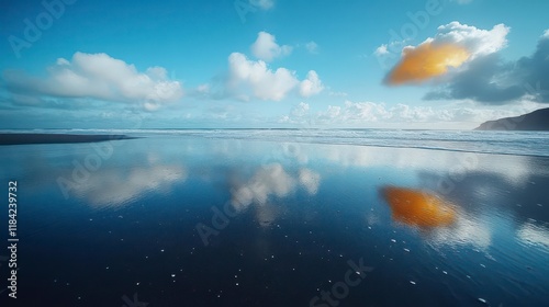 Serene beach, sky mirroring in tranquil waters, clouds reflecting on the ocean's surface. photo