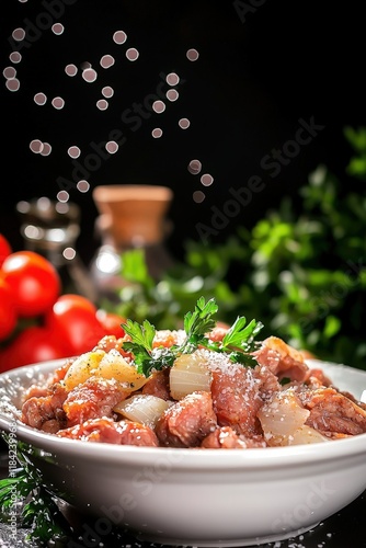 Delicious Khar Khuur Dish Featuring Savory Fried Meat with Onions and Garlic, Garnished with Fresh Herbs on a Rustic Background with Bokeh Effect photo