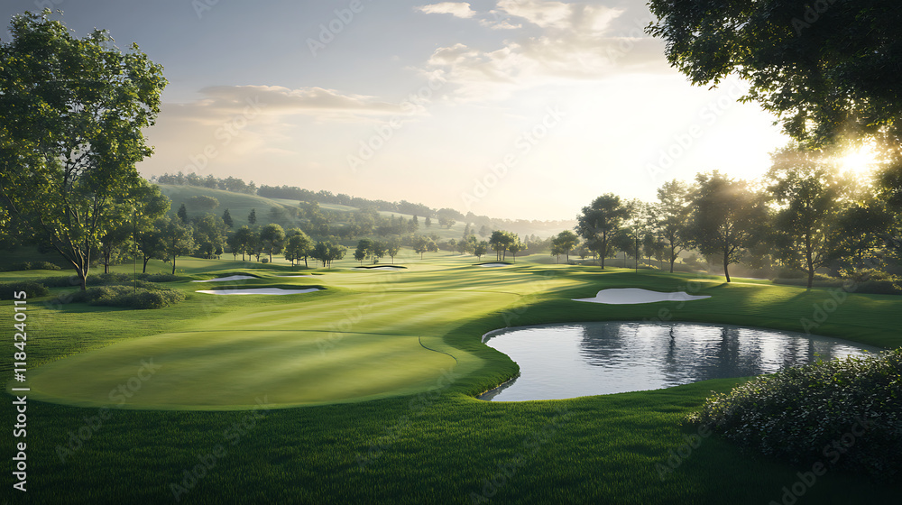 Serene sunrise over a picturesque golf course, lush green fairways, tranquil pond, and majestic trees. Perfect for luxury travel, leisure, or real estate. Serene sunrise over a picturesque golf course, lush green fairways, tranquil pond, and majestic trees. Perfect for luxury travel, leisure, or real estate.