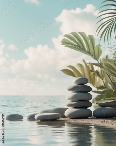 Tranquil stacking of smooth stones near water with tropical leaves in a serene setting.