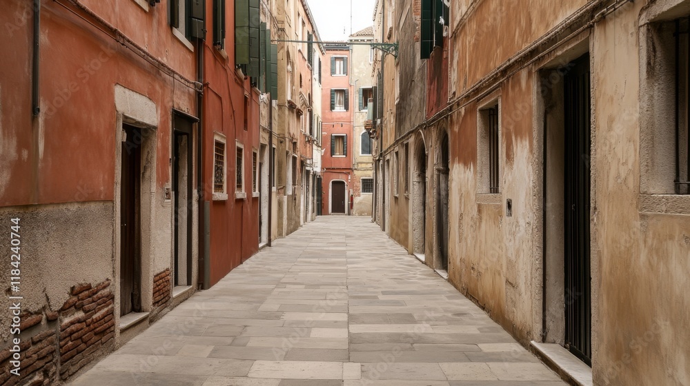 Fototapeta premium Narrow, quiet street in old European city with aged buildings.