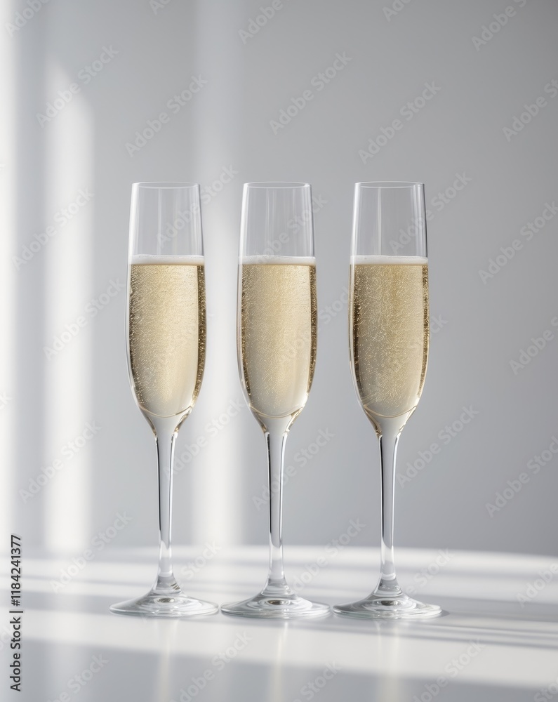 three glasses of champagne are lined up on a table. three glasses of champagne are lined up on a table.