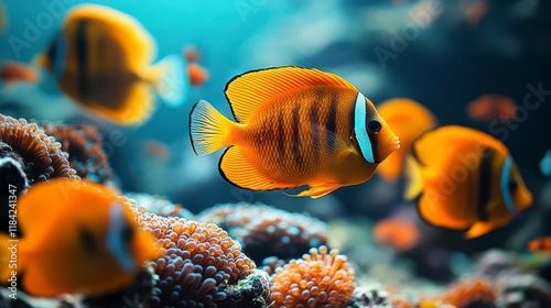 Vibrant coral reef teeming with life: orange fish swim amidst coral. photo