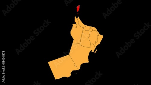 Musandam map animated video. The location is highlighted on the Oman map. Colour map with transparent background in video format.	