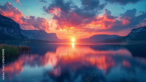 Serene Sunset: Mountains mirrored in a still lake, fiery hues paint the sky. photo