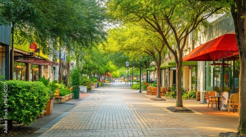 Serene Street Lined with Cafes and Corporate Buildings