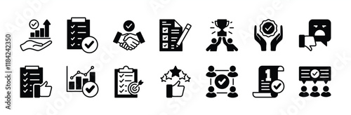 Survey, evaluation, testimonial, quality, inspection, opinion, service, and life events results icon set. Containing feedback, rating, satisfaction, experience, review, positive, good, bad, star