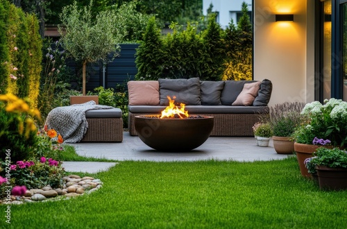 A small backyard with a modern and minimalist style. The patio area features potted plants, a seating group with cushions, and a fire bowl in the center.