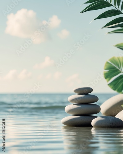 Tranquil stacking of smooth stones near water with tropical leaves in a serene setting.