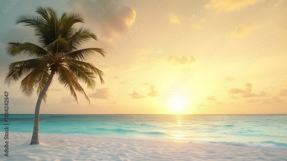 Obraz premium Minimalist Tropical Beach Sunset, Golden Hour Palm Tree on White Sand, Turquoise Ocean
