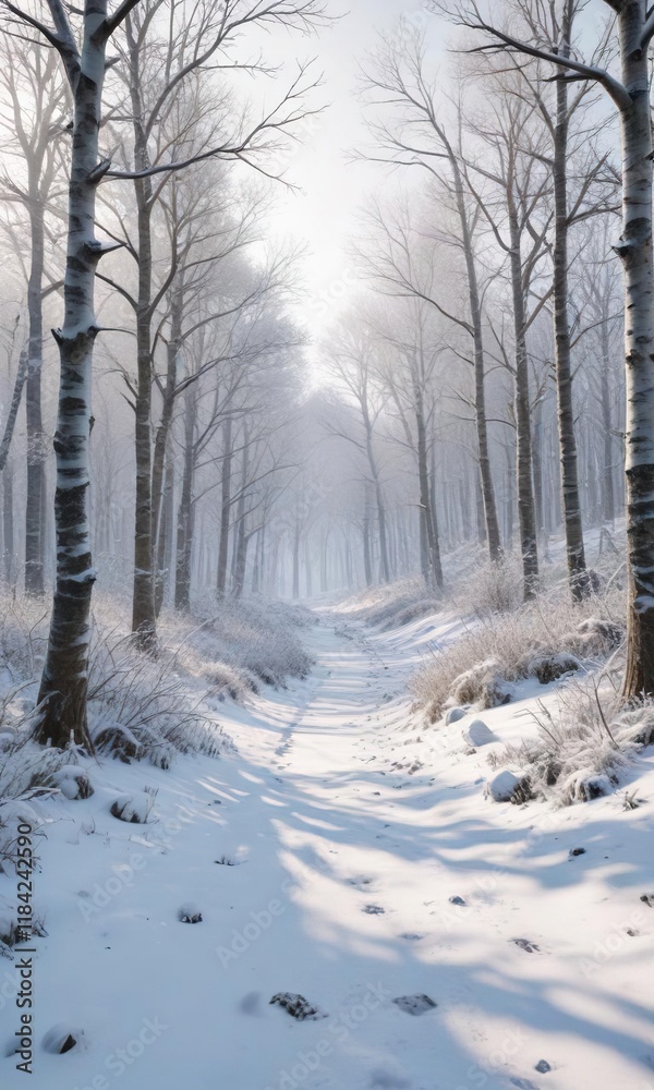 A snow-covered forest with bare trees and frosty landscape, winter, frosty, snow A snow-covered forest with bare trees and frosty landscape, winter, frosty, snow