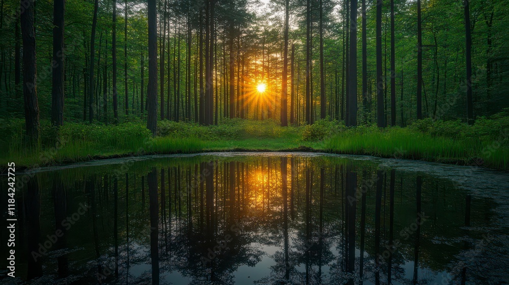 Sunset's golden rays pierce the forest, reflected in still water.