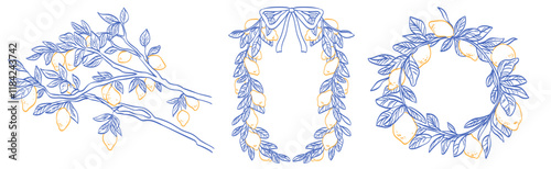 Hand drawn sketch style citrus fruits set. Vector cute elegant doodle line illustration of lemons, frame, wreath, cocktail glass and lemon tree for background, card, invitation or poster, packaging.