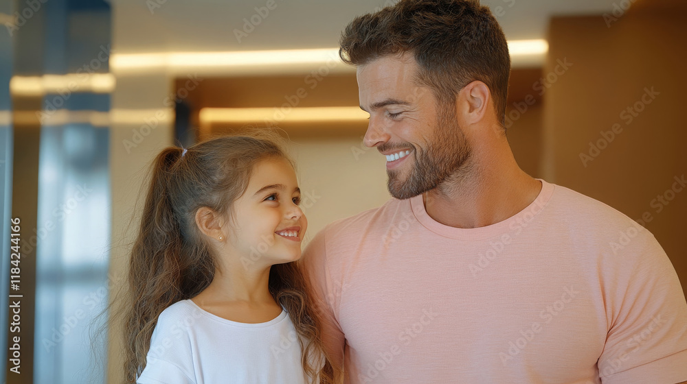 Fototapeta premium joyful moment between father and daughter, sharing smiles and laughter in bright indoor setting. Their bond radiates warmth and happiness