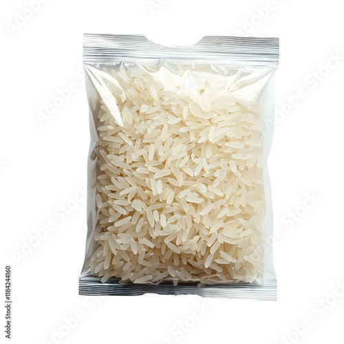 A transparent plastic bag filled with uncooked white rice, perfect for culinary themes, cooking concepts, or grocery topics.