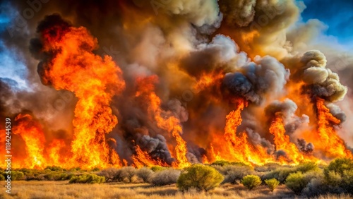 Intense Wildfire with Raging Flames and Smoke Clouds photo