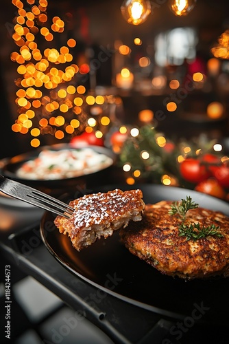 Deliciously Golden Potato Pancakes with Sour Cream and Festive Bokeh Lights in the Background for a Cozy Culinary Experience photo