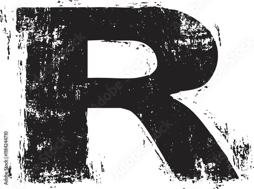 Grunge textured letter R in black on a white background.