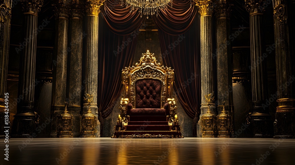 Fototapeta premium A regal King Throne stands in a grand hall, adorned with intricate carvings and luxurious fabrics, symbolizing power and authority in a generative stock photo