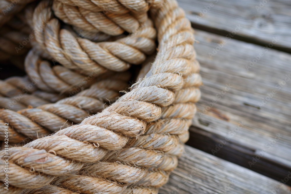 A close-up of a thick, weathered rope coiled on a wooden dock, with the texture of the fibers clearly visible. A close-up of a thick, weathered rope coiled on a wooden dock, with the texture of the fibers clearly visible.