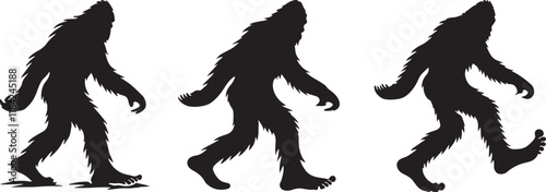 Walking Bigfoot Silhouette Vector Art. Bigfoot yeti silhouette set, isolated white background