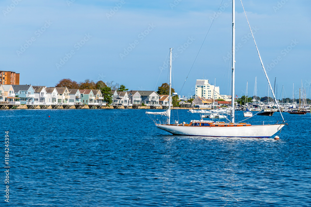 A view towards boats moored off Newport, USA in the fall
A view towards boats moored off Newport, USA in the fall