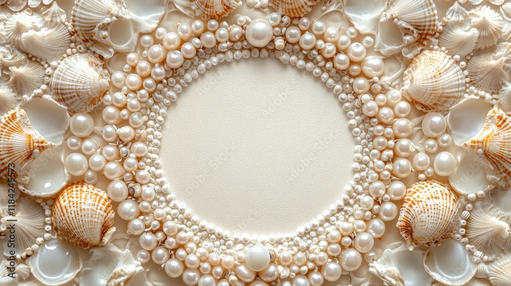 Mandala made of shells and pearls on white surface for ad Mandala made of shells and pearls on white surface for ad