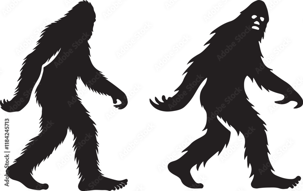 Fototapeta premium Walking Bigfoot Silhouette Vector Art. Bigfoot yeti silhouette set, isolated white background
