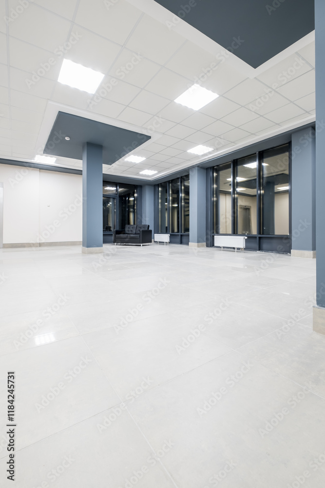 panorama view in empty modern hall with columns, doors and panoramic windows at night panorama view in empty modern hall with columns, doors and panoramic windows at night