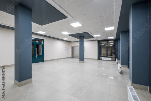 Wallpaper Mural panorama view in empty modern hall with columns, doors and panoramic windows at night Torontodigital.ca